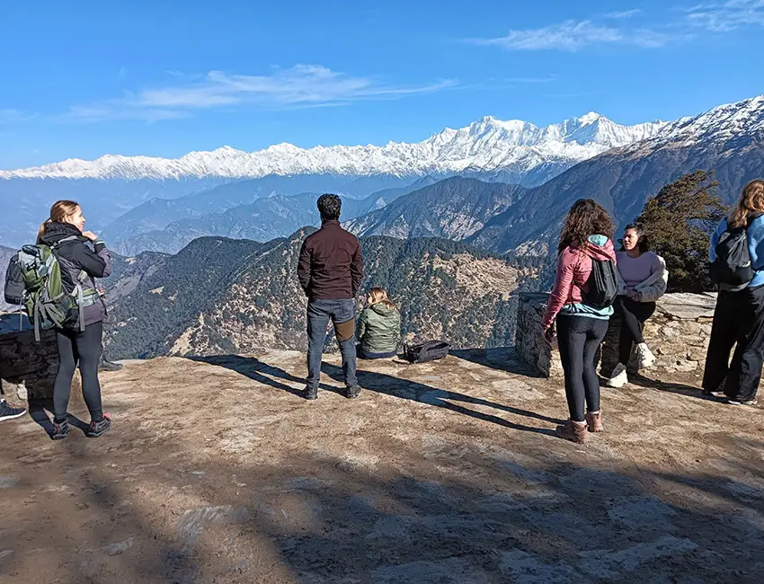 Group hiking on a Himalayan trail during a yoga retreat