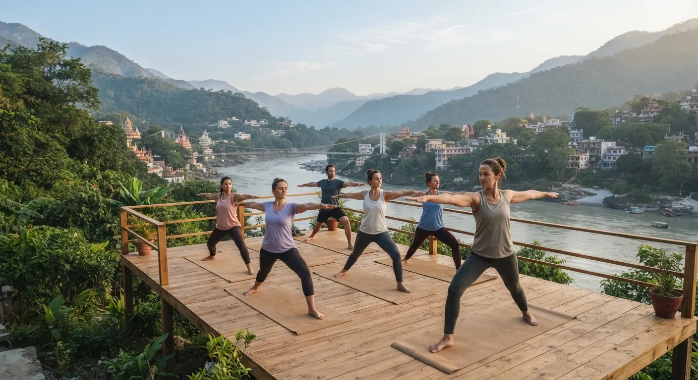 How to choose a yoga retreat in Rishikesh: group yoga class by the Ganges